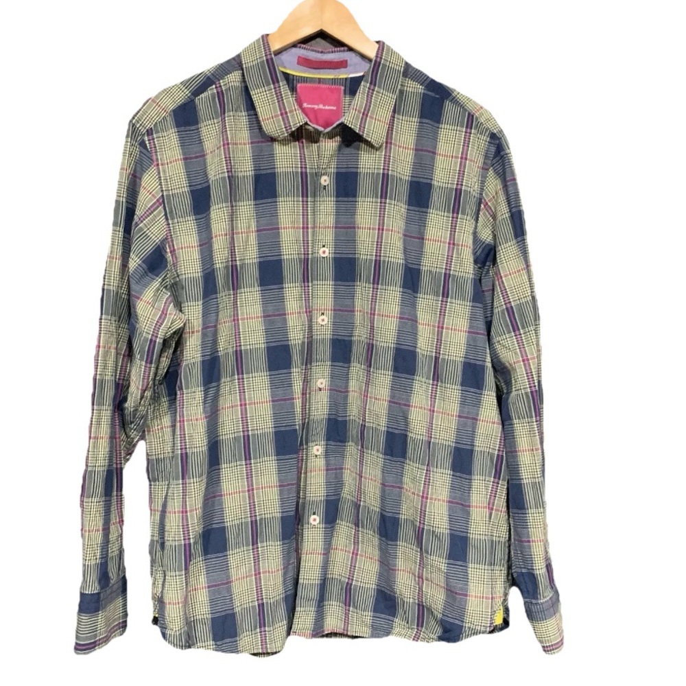 Tommy Bahama Men's Shirt Island Modern Fit Plaid Size Medium Stretch Pink Blue